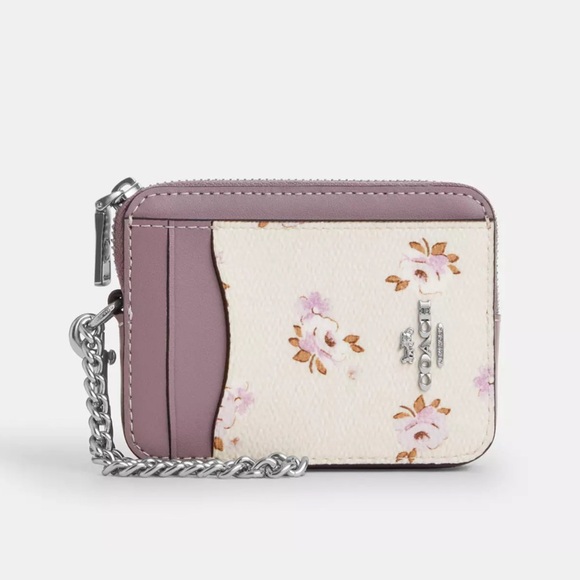 Coach Zip Card Case with Floral Print Coated Canvas & Leather in Chalk Multi NWT - Picture 8 of 11